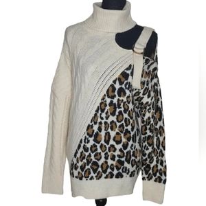 Witty Fox Cableknit Leopard Mixed Media Buckle Sweater NWT NEW